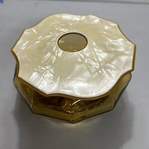 Midcentury Vintage Vanity Amber glass base with Celluloid Lid Hair Receiver